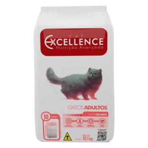 Pacote de ração para gatos adultos na cor branca com detalhes em vermelho para representar a palavra-chave Ração Cat Excellence Adultos 10Kg | Salmão