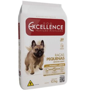 Pacote de ração para cães adultos na cor branca com detalhes em vermelho e marron para representar a palavra-chave Ração Dog Excellence Light