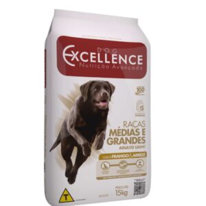 Pacote de ração para cães adultos na cor branca com detalhes em vermelho e marron para representar a palavra-chave Dog Excellence Light Raças Médias 15kg
