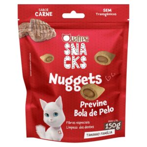 Embalagem na cor vermelha com detalhes em branco para representar a palavra-chave Quatree Snacks Gatos Bola de Pelo
