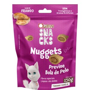 Embalagem na cor rosa com detalhes em branco para representar a palavra-chave Quatree Snacks Gatos Bola de Pelo