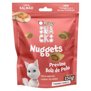Embalagem na cor rosa com detalhes em branco para representar a palavra-chave Quatree Snacks Gatos Bola de Pelo
