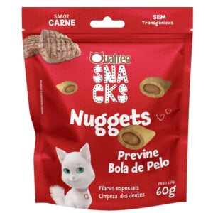 Embalagem na cor vermelha com detalhes em branco para representar a palavra-chave Quatree Snacks Gatos Bola de Pelo
