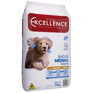 Pacote de ração para cães filhotes na cor branca com detalhes em azul para representar a palavra-chave Ração Dog Excellence Cães Filhotes