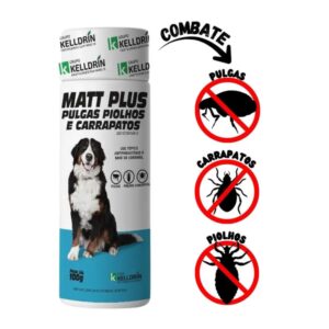 Página Inicial 17 Tubo branco com talco para cães adultos na cor branca com detalhes em preto para representar a palavra-chave Talco Antipulgas Matt Plus