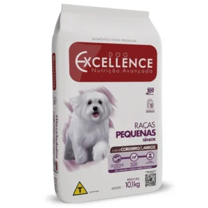 Embalagem de ração para cães adultos na cor branca com detalhes em vermelho e marron para representar a palavra-chave Ração Dog Excellence Sênior