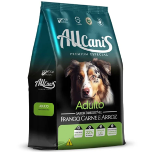Embalagem de ração para cães adultos na cor verde com detalhes em preto para representar a palavra-chave ração allcanis 15kg