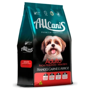 Embalagem de ração para cães adultos na cor verde com detalhes em vermelho e preto para representar a palavra-chave ração alldanis raças pequenas.