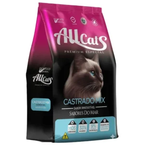 Pacote de ração para gatos adultos castrados na cor preta com detalhes em rosa e azul para representar a palavra-chave Ração allcats mix gatos castrados.