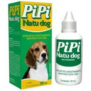 Frasco e embalagem do PiPi Dog 20 mL, atrativo sanitário para cães, desenvolvido para auxiliar no adestramento sanitário, incentivando filhotes e adultos a urinarem no local correto.