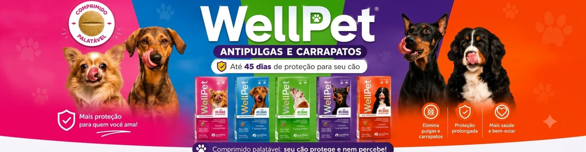 Imagem promocional para antipulgas e carrapatos WellPet, apresentando cinco comprimidos palatáveis e diferentes cães, prometendo até 45 dias de proteção e saúde.
