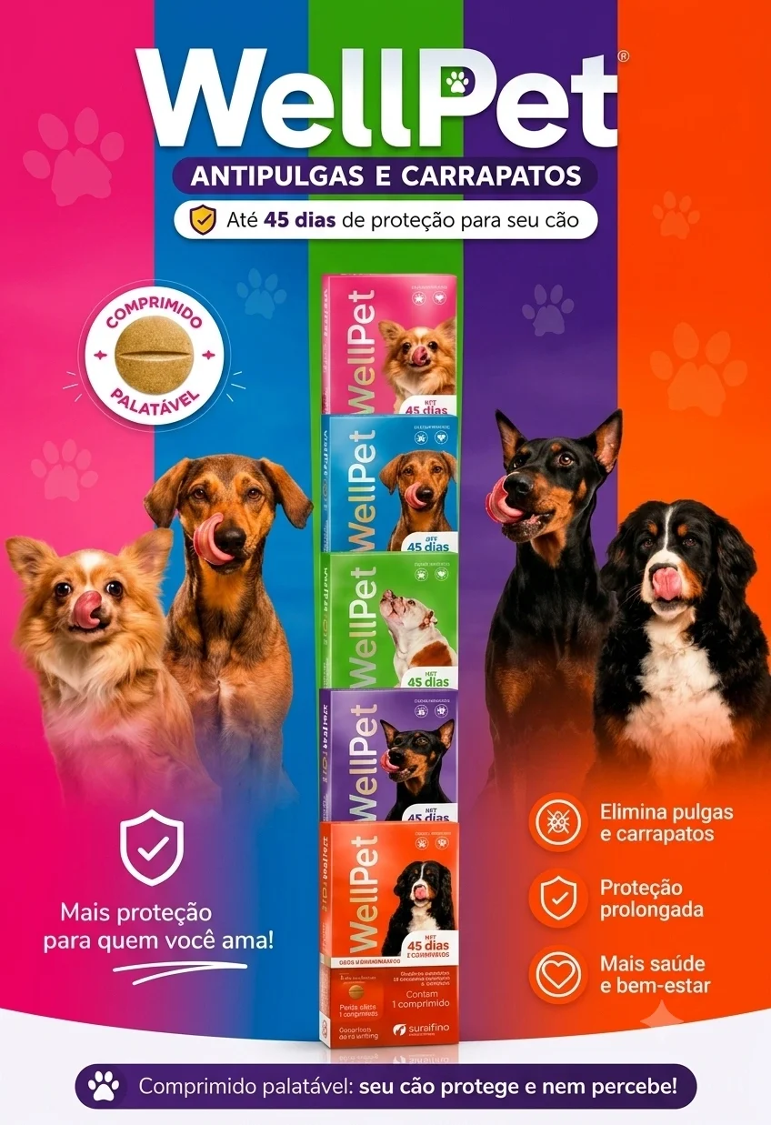 Imagem promocional para antipulgas e carrapatos WellPet, apresentando cinco comprimidos palatáveis e diferentes cães, prometendo até 45 dias de proteção e saúde.