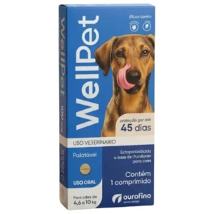 Página Inicial 16 embalagem do antipulgas e carrapatos WellPet, detalhando sua eficácia de 45 dias, ação ectoparasiticida, palatabilidade e uso oral para cães de 4,6 a 10 kg.