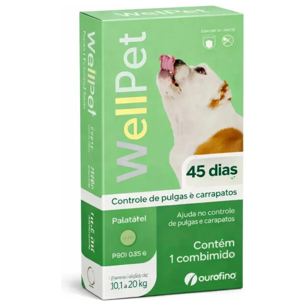 Antipulgas e carrapatos para Cães WellPet 10,1Kg a 20Kg 1 Caixa do antipulgas e carrapatos WellPet, detalhando sua eficácia de 45 dias, ação ectoparasiticida, palatabilidade e uso oral para cães de 10,1 a 20 kg.