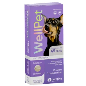 Página Inicial 18 Antipulgas e carrapatos WellPet, detalhando sua eficácia de 45 dias, ação ectoparasiticida, palatabilidade e uso oral para cães de 20,1 a 40 kg.