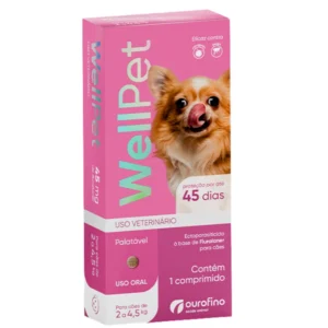 Página Inicial 19 Antipulgas e carrapatos WellPet, detalhando sua eficácia de 45 dias, ação ectoparasiticida, palatabilidade e uso oral para cães de 2,5 a 4 kg.