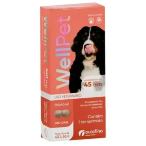 Página Inicial 17 Antipulgas e carrapatos WellPet, detalhando sua eficácia de 45 dias, ação ectoparasiticida, palatabilidade e uso oral para cães de 40,1 a 56 kg.