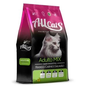 Embalagem para reprentar a palavra-chave Ração AllCats Gatos Adultos Premium Mix sabor frango, carne e salmão com 31% de proteínas e nutrientes essenciais.