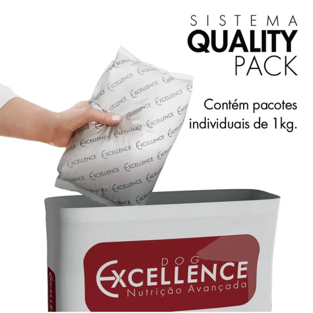 Ração Dog Excellence Sênior Cordeiro 15kg Raças Medias | Cães +7 Anos 2 Sistema Quality Pack da Dog Excellence com embalagens individuais de 1kg, garantindo maior conservação, frescor e proteção dos nutrientes da ração.