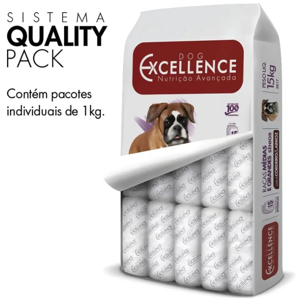 Ração Dog Excellence Sênior Cordeiro 15kg Raças Medias | Cães +7 Anos 4 Embalagem da Ração Dog Excellence Sênior Cordeiro 15kg destacando o Sistema Quality Pack com 15 pacotes internos de 1kg.
