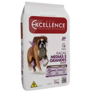 Ração Dog Excellence Sênior Cordeiro e Arroz 15kg para cães de raças médias e grandes acima de 7 anos, com nutrição avançada e suporte ao envelhecimento saudável.