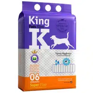 Embalagem do Tapete Higiênico para cachorro King Pads Slim com 6 unidades, super absorvente para cães pequenos e médios, ideal para treinamento sanitário, higiene diária, controle de odores e proteção do piso.