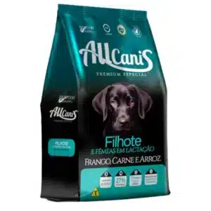 racao allcanis filhotes premium em embalagem destacando alimento para cães filhotes, com frango, carne e arroz, fonte de DHA, MOS e ômegas