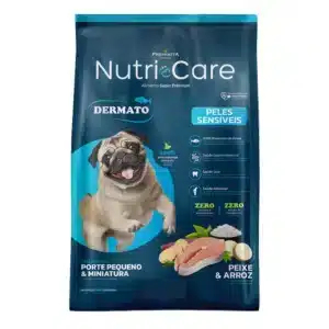 Página Inicial 12 Ração Nutricare Dermato para cães adultos de porte pequeno e miniatura, sabor peixe e arroz, indicada para peles sensíveis.