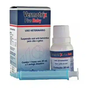 Vermífugo Oral para cães e gatos, apresentado em suspensão líquida com seringa dosadora para uso veterinário.