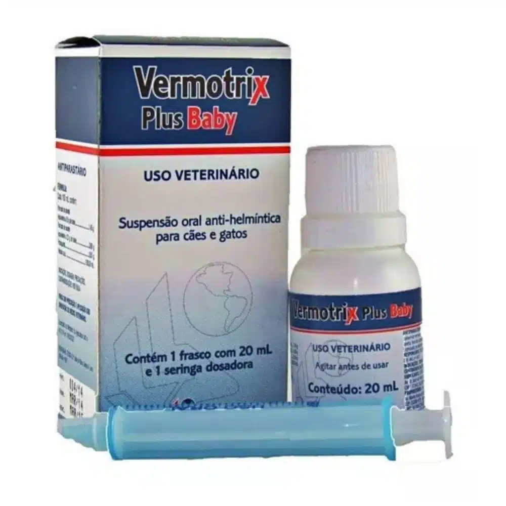 Vermotrix Plus Baby Vermífugo Oral 20 mL para Filhotes 1 Vermífugo Oral para cães e gatos, apresentado em suspensão líquida com seringa dosadora para uso veterinário.
