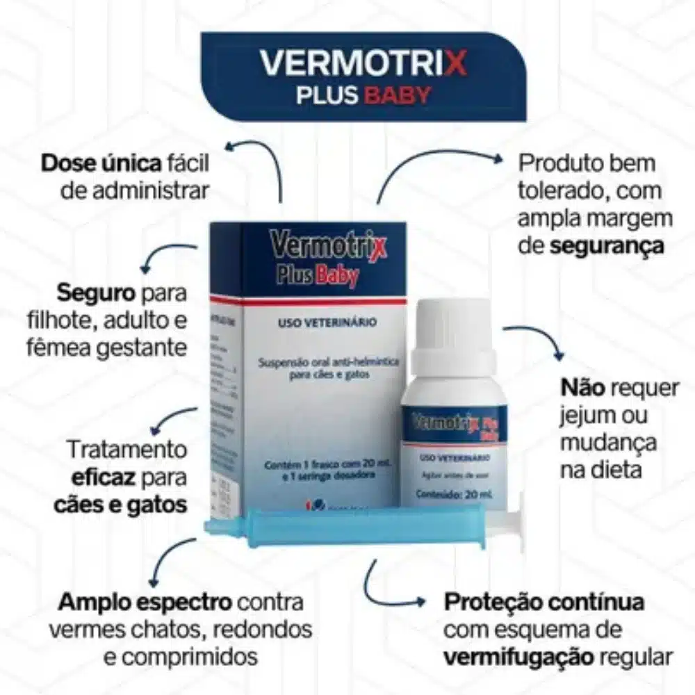 Vermotrix Plus Baby Vermífugo Oral 20 mL para Filhotes 2 Vermífugo Oral para cães e gatos, apresentado em suspensão líquida com seringa dosadora para uso veterinário.