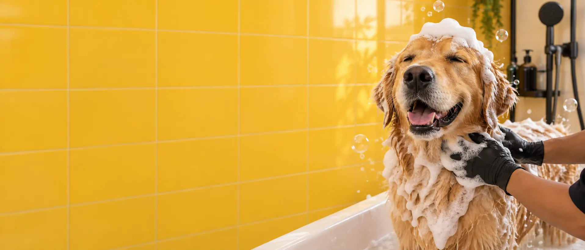 Banho e Tosa em Salvador 1 Golden retriever com espuma de shampoo na cabeça durante o banho e tosa em pet shop de Salvador