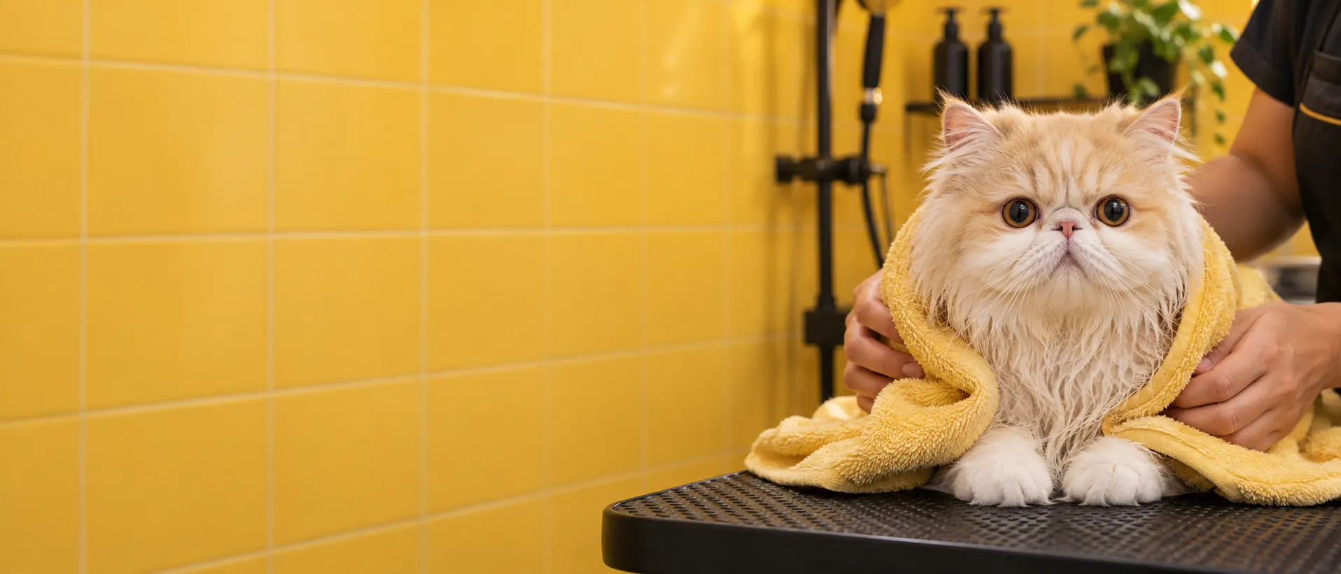 Gato persa tranquilo enrolado em toalha amarela depois do banho em pet shop de Salvador