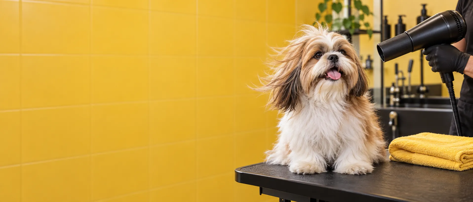 Pode dar banho em cachorro todo dia? De quanto em quanto tempo dar banho, o que muda no frio e quando o banho frequente vira tratamento 3 Shih tzu sendo secado com secador após o banho no pet shop, em Salvador
