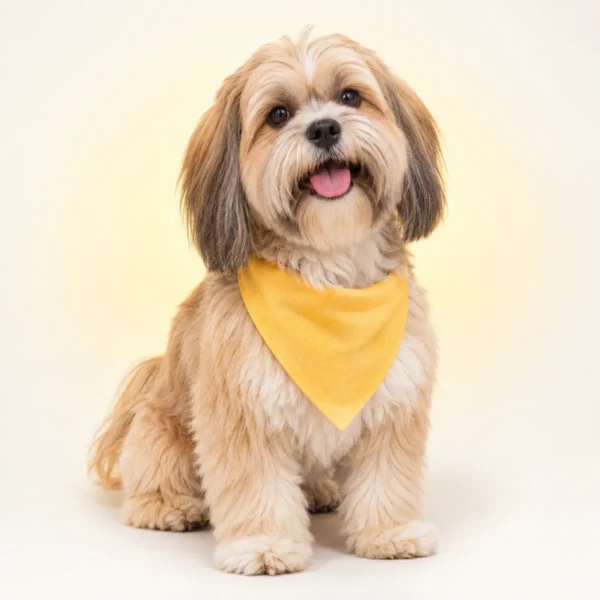 Cachorro peludo e feliz com bandana amarela depois do banho e tosa