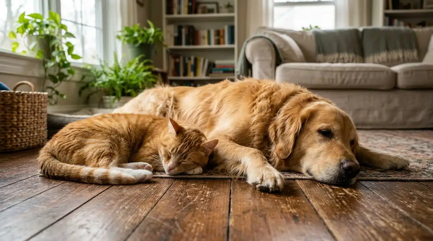 Cachorro golden retriever e gato ruivo descansando juntos e relaxados em casa