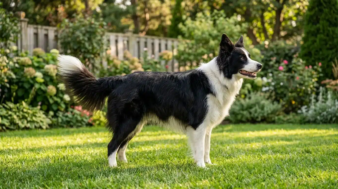 Cachorro border collie alerta com orelhas para frente e cauda erguida no jardim