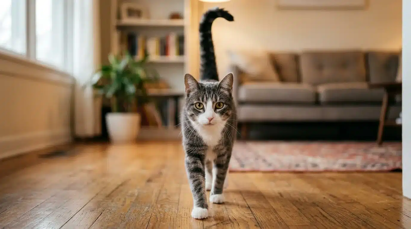 Gato caminhando com a cauda erguida e a pontinha curvada em direção ao tutor