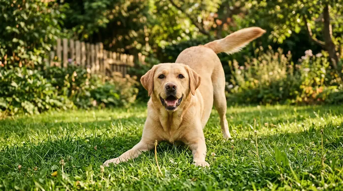Cachorro labrador em posição de reverência de brincadeira, cauda abanando no jardim