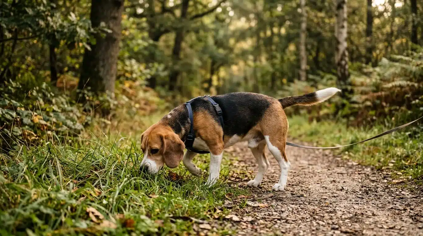 Cachorro beagle farejando o chão atentamente durante o passeio no parque