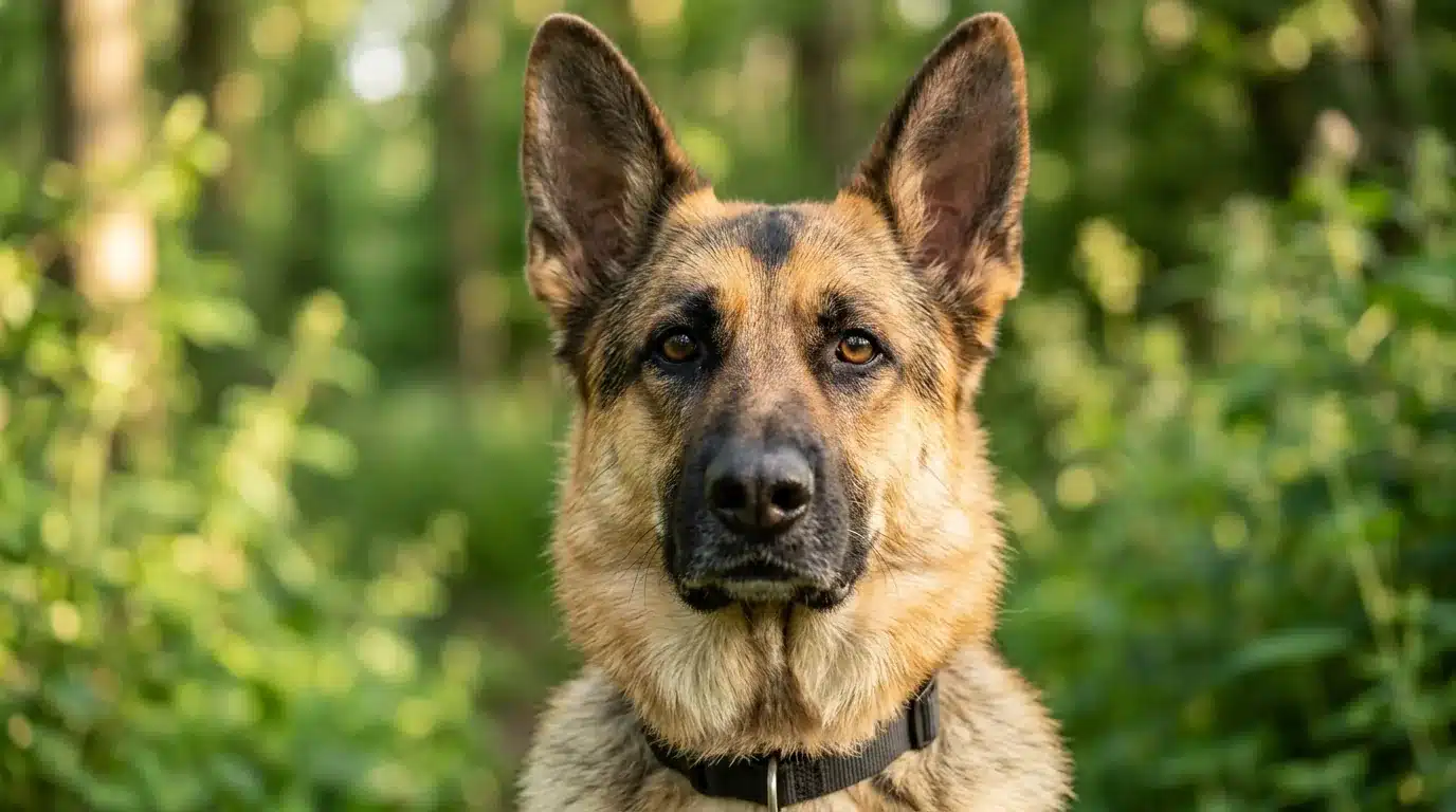 Retrato de cachorro pastor alemão com as orelhas para frente e olhar calmo e atento