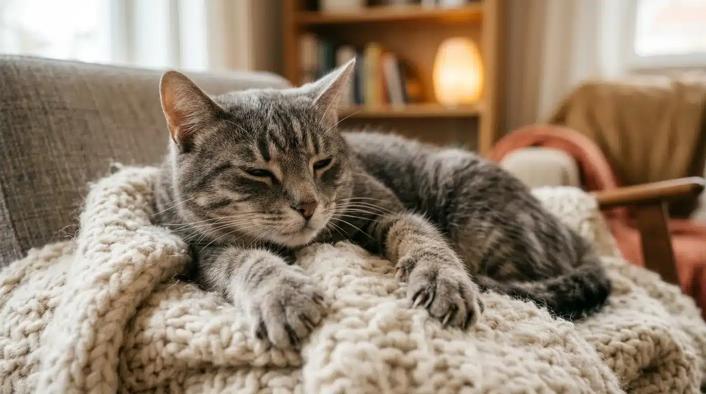 Gato cinza amassando um cobertor macio com as patinhas, olhos semicerrados