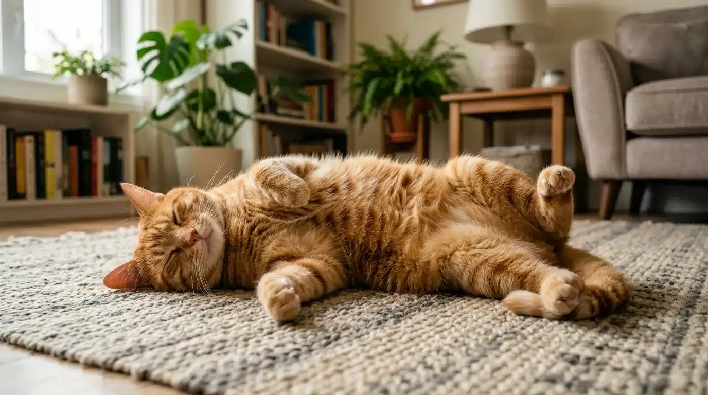 Gato laranja deitado relaxado de barriga para cima sobre um tapete