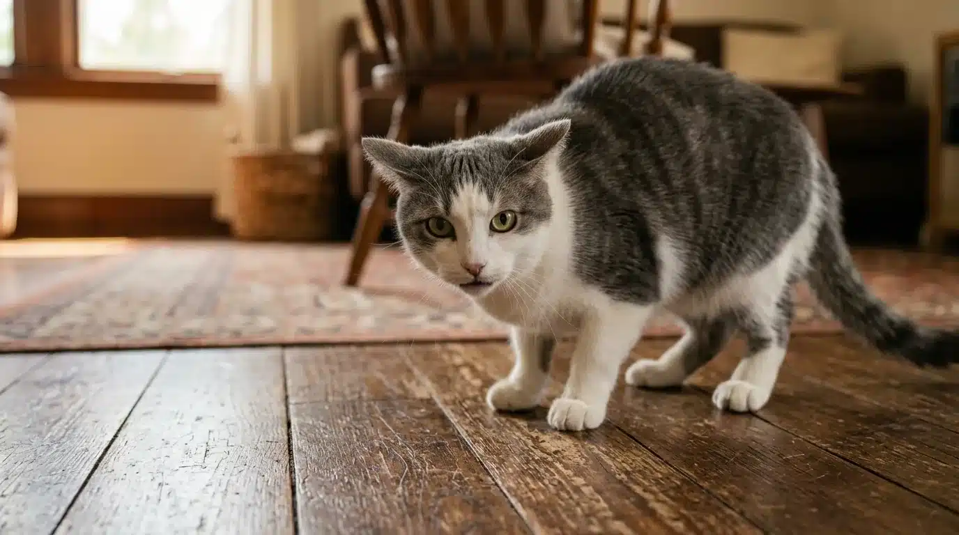 Gato cinza e branco com as orelhas para trás em postura cautelosa