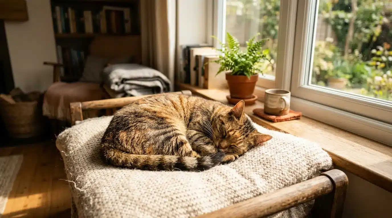 Gato rajado dormindo enroscado numa almofada perto da janela ensolarada