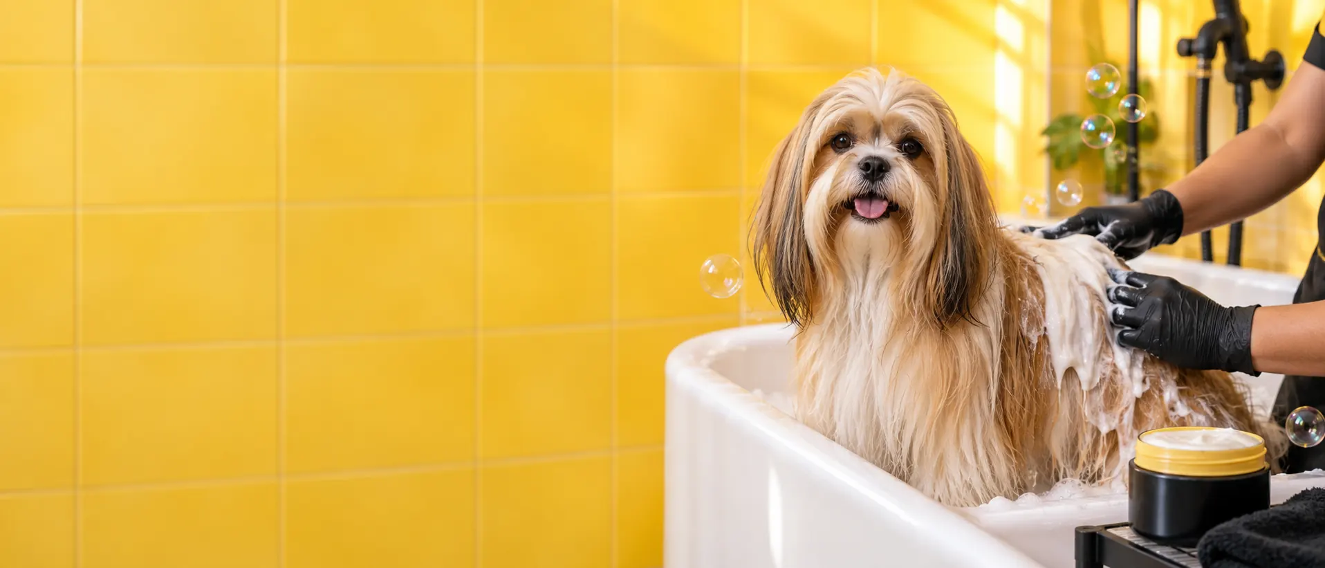 Lhasa apso com máscara de hidratação no pelo durante tratamento em pet shop de Salvador