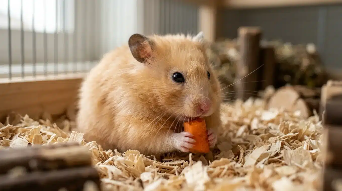 O que o hamster come? Guia completo da alimentação segura, do que pode oferecer ao que faz mal ao roedor 1 Hamster dourado comendo um pedaço de cenoura fresca