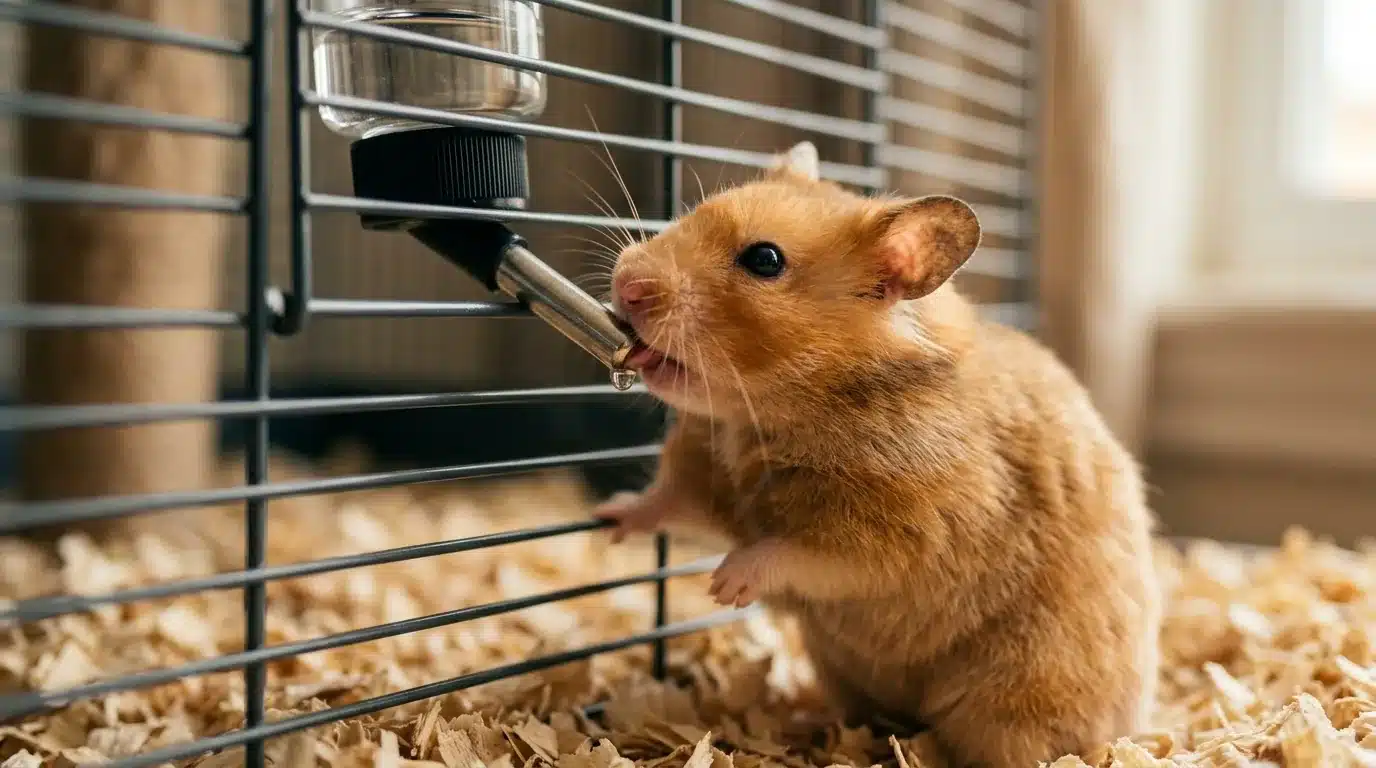 O que o hamster come? Guia completo da alimentação segura, do que pode oferecer ao que faz mal ao roedor 2 Hamster dourado bebendo água num bebedouro tipo garrafa preso à gaiola
