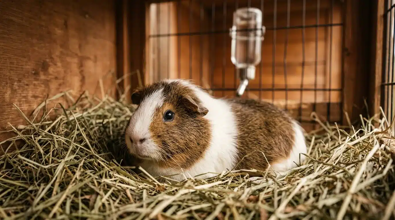 O que o porquinho-da-índia come? Lista de alimentos permitidos, proibidos e a dose certa de vitamina C 2 Porquinho-da-índia descansando confortavelmente numa cama de feno, com bebedouro ao fundo