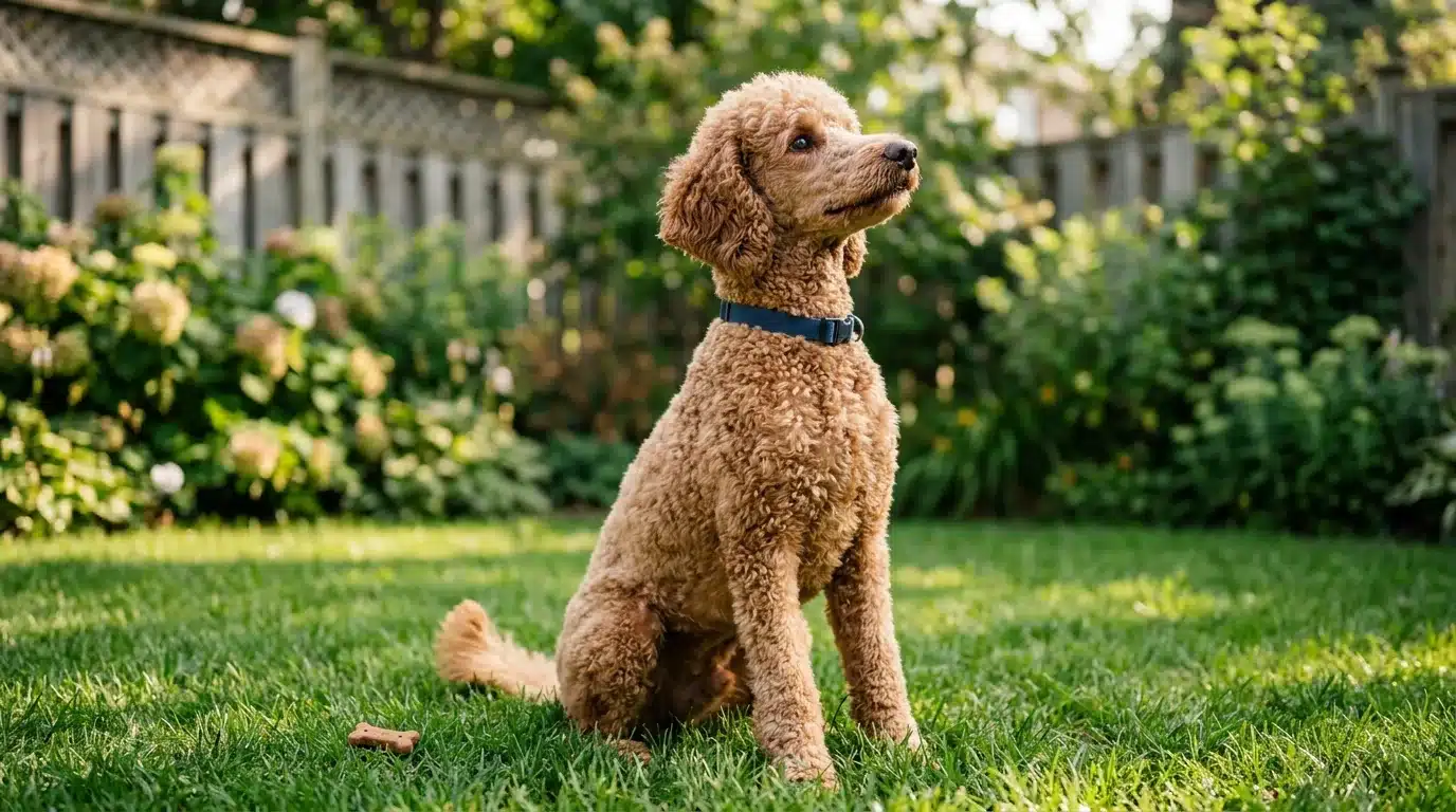 Cachorro poodle sentado atentamente, olhar focado durante sessão de treino